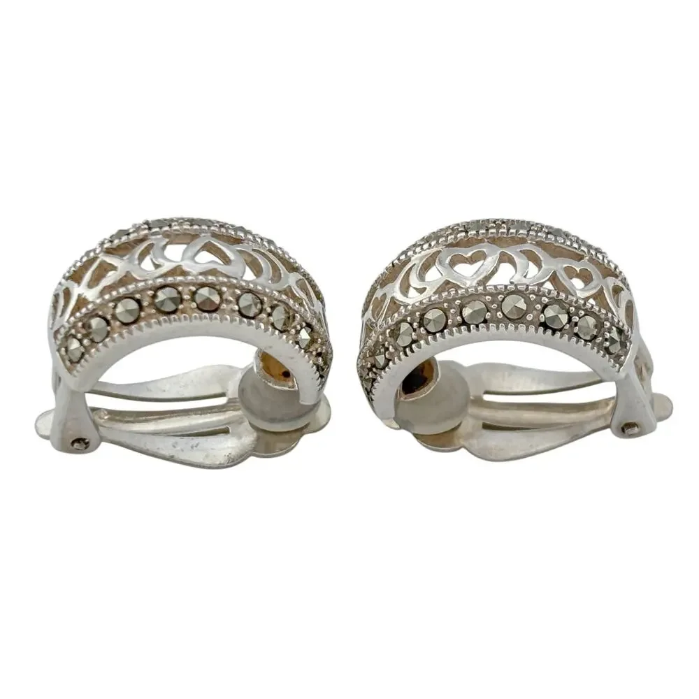 Vintage Sterling Silver 925 Marcasite Hoop Earrings